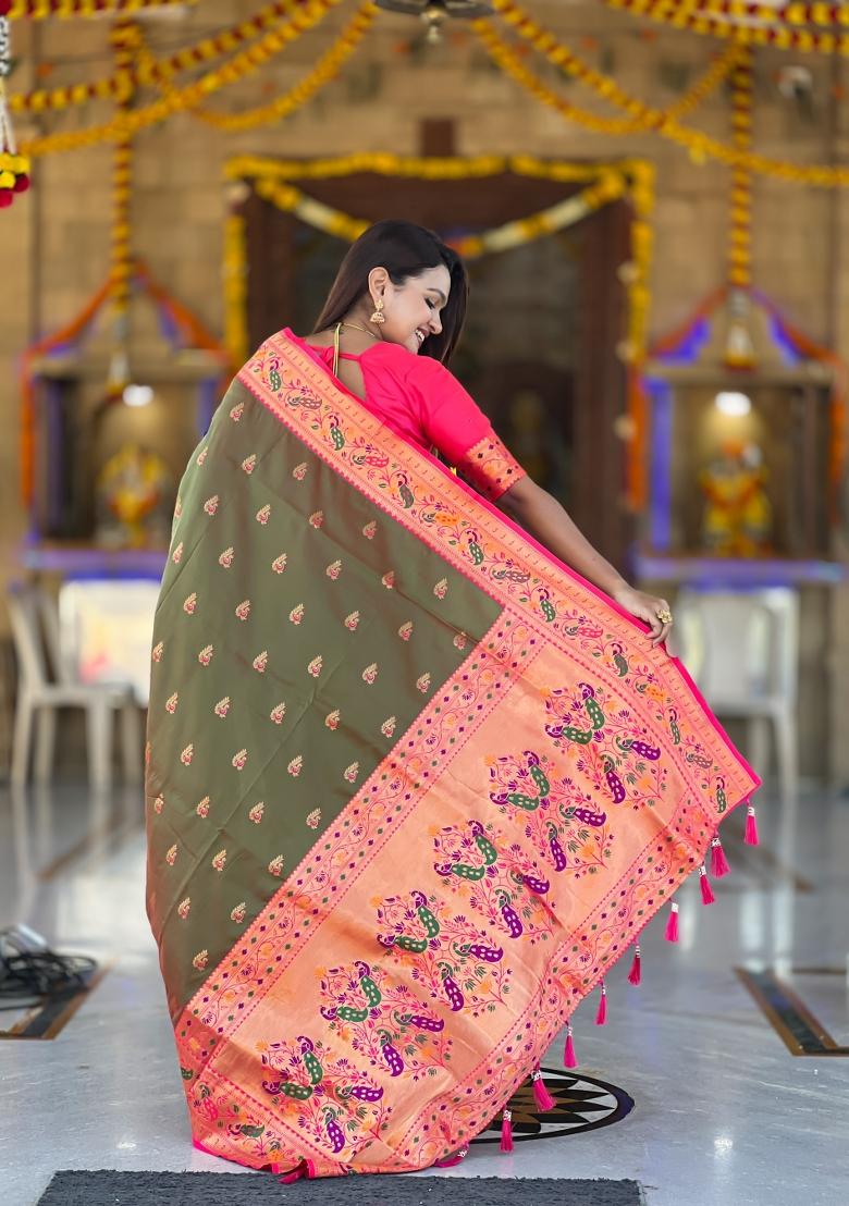 Green Zari Work Banarasi Saree Set - Indya