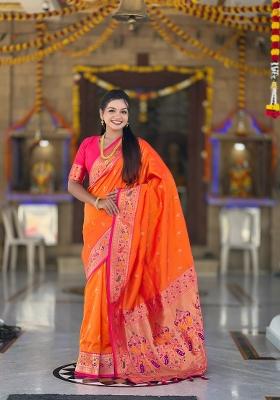 Orange Zari Work Banarasi Saree Set
