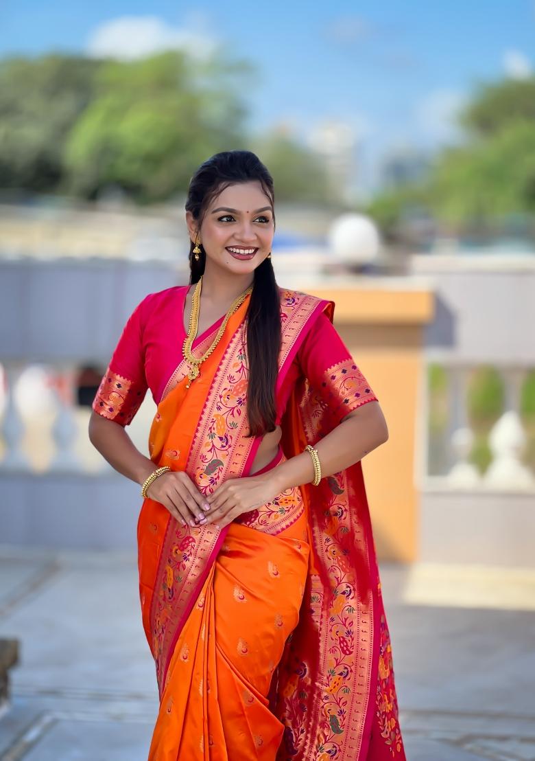 Orange Zari Work Banarasi Saree Set - Indya
