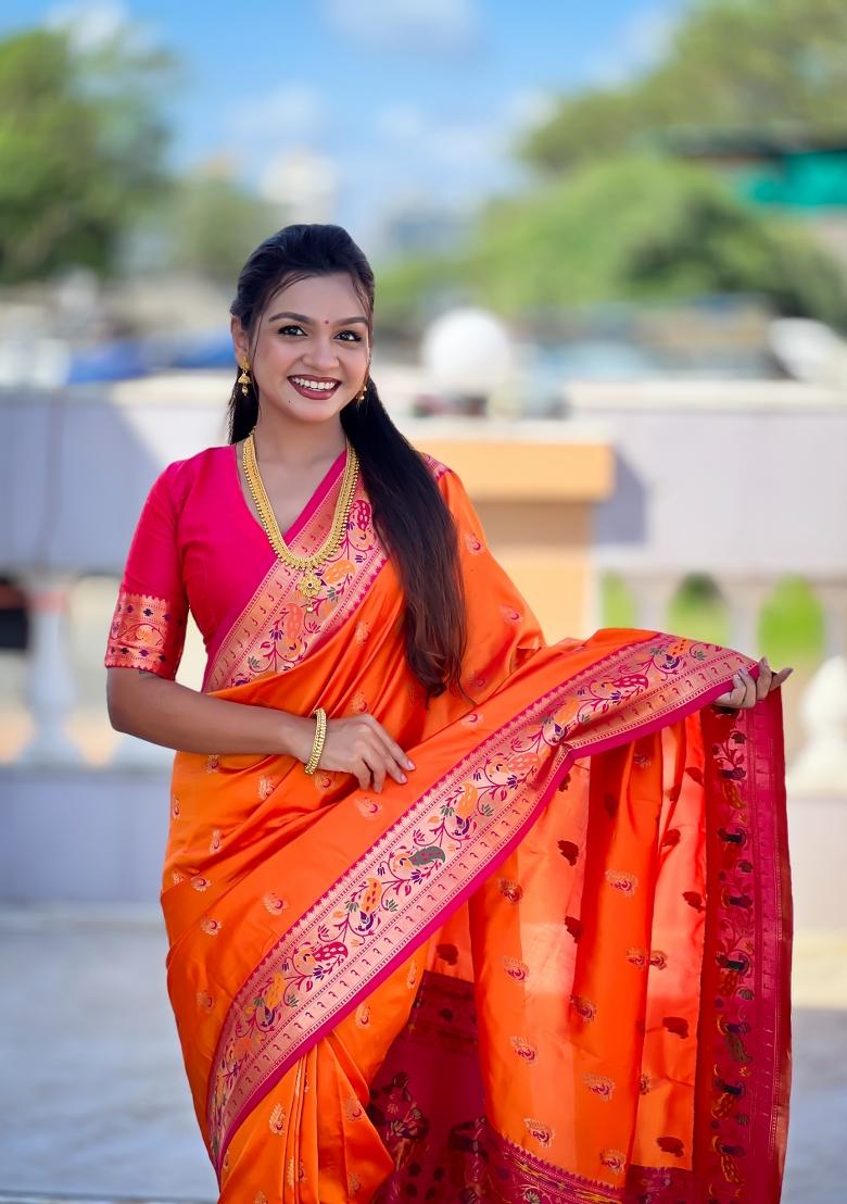 Orange Zari Work Banarasi Saree Set - Indya