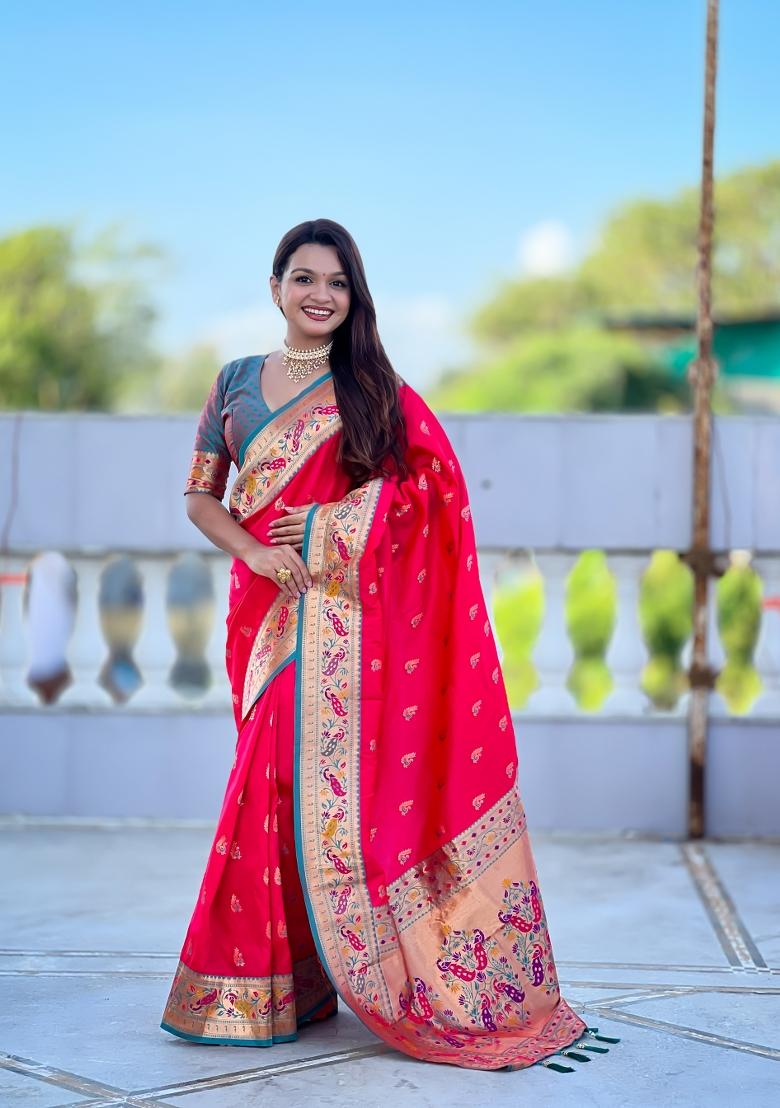 Pink Zari Work Banarasi Saree Set - Indya