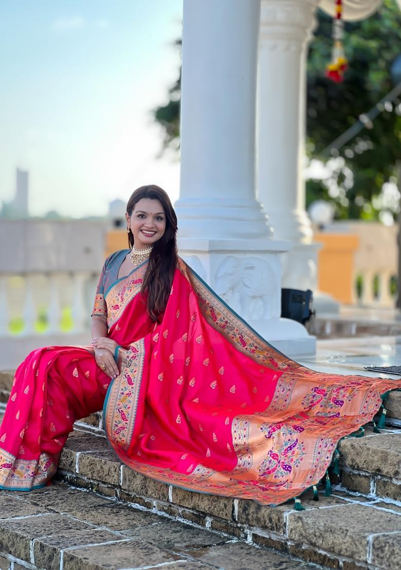 Pink Zari Work Banarasi Saree Set - Indya