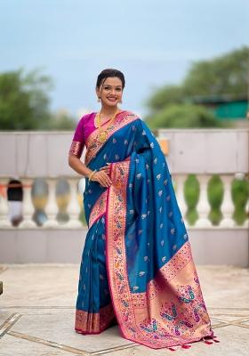 Teal Zari Work Banarasi Saree Set