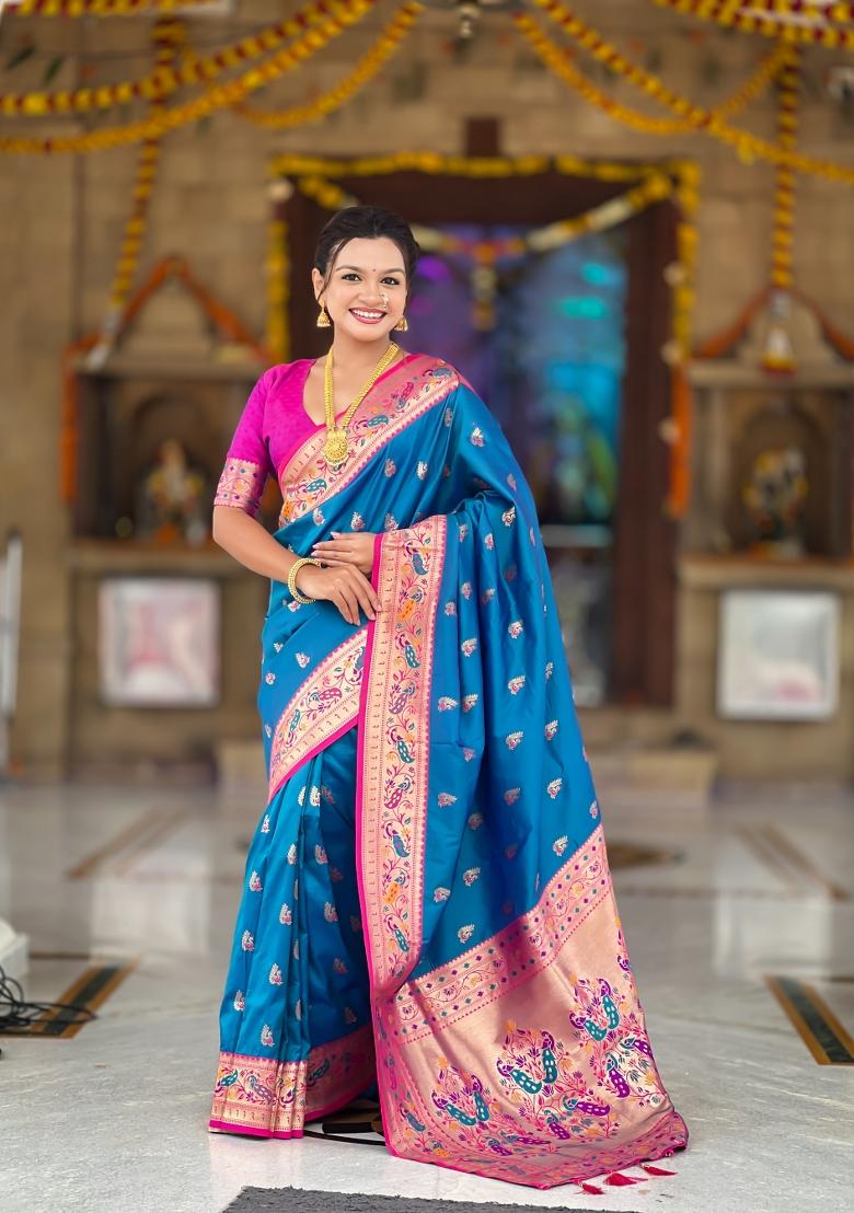 Teal Zari Work Banarasi Saree Set - Indya