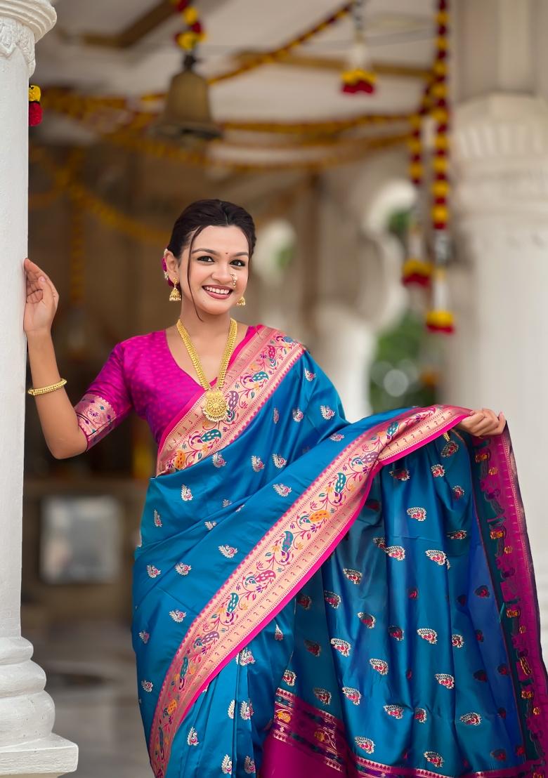 Teal Zari Work Banarasi Saree Set - Indya