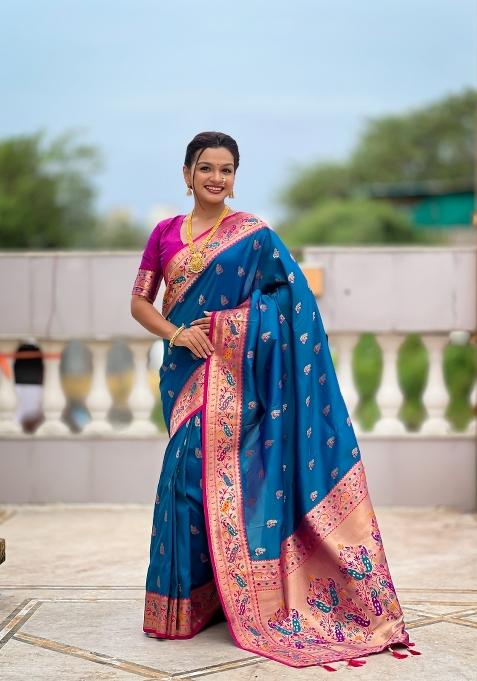 Teal Zari Work Banarasi Saree Set