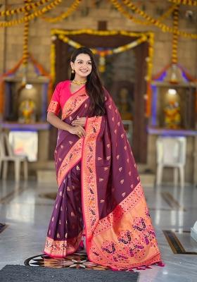 Wine Zari Work Banarasi Saree Set