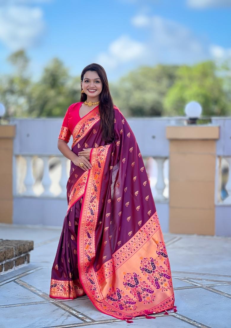Wine Zari Work Banarasi Saree Set - Indya