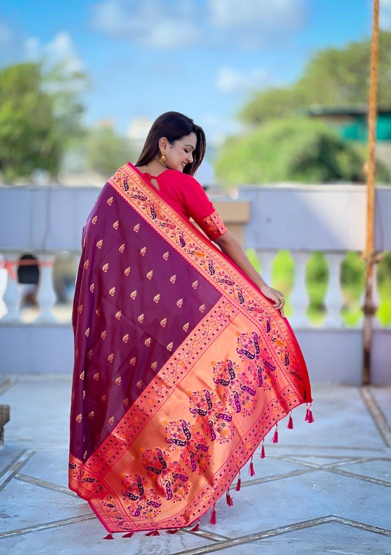 Wine Zari Work Banarasi Saree Set - Indya
