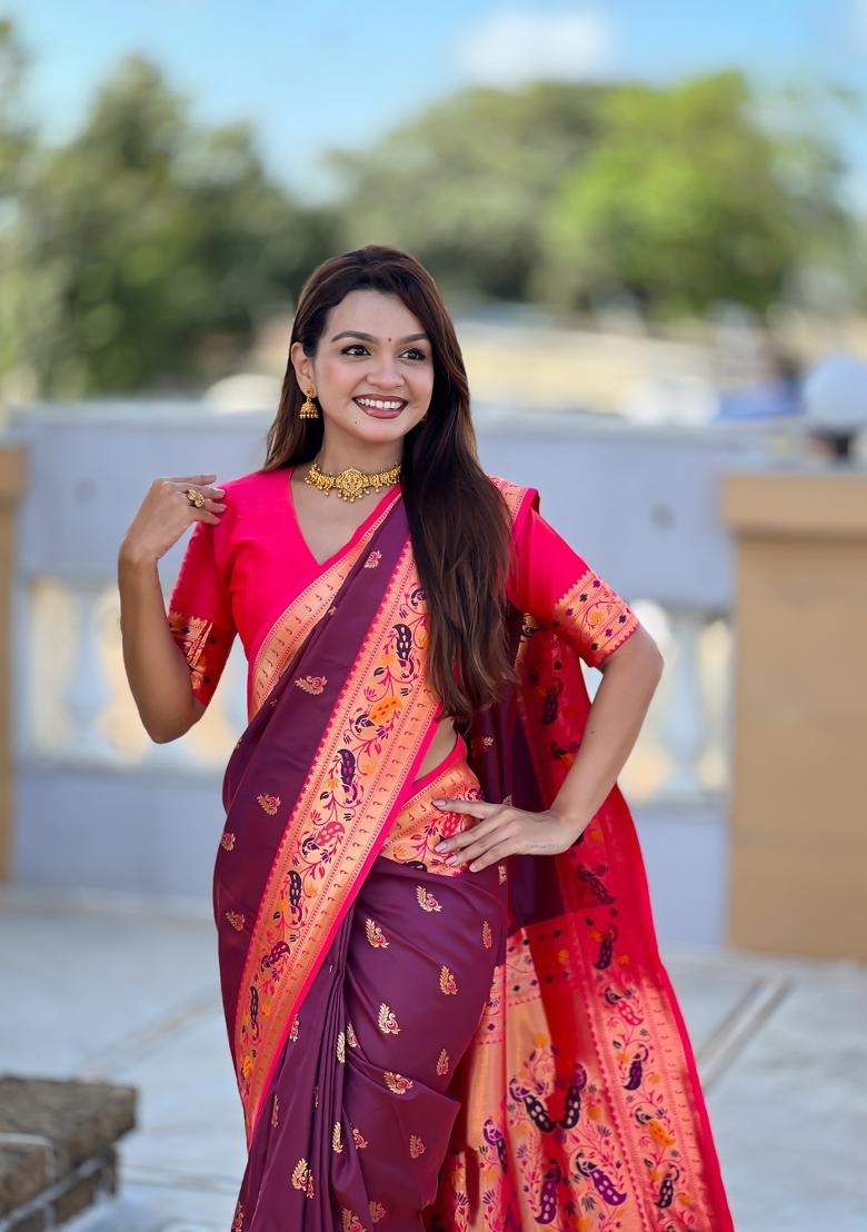 Wine Zari Work Banarasi Saree Set - Indya
