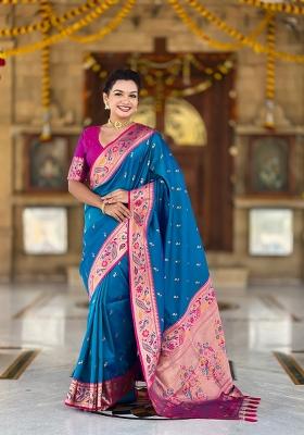 Teal Zari Work Banarasi Saree Set