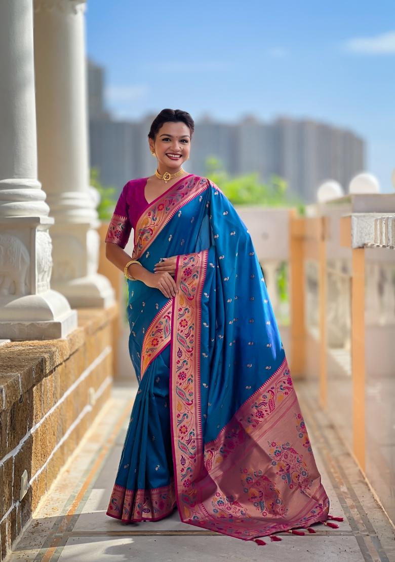 Teal Zari Work Banarasi Saree Set - Indya