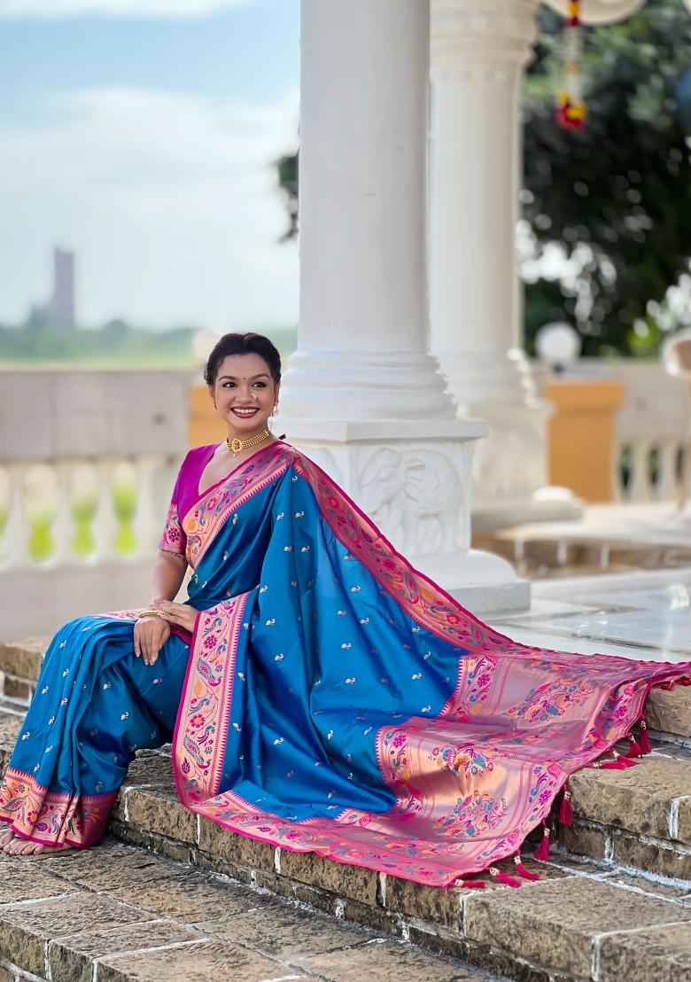 Teal Zari Work Banarasi Saree Set - Indya