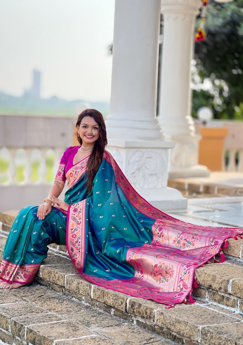 Sky Blue Zari Work Banarasi Saree Set - Indya