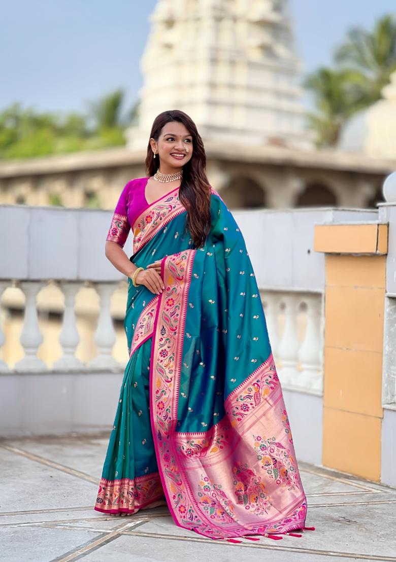 Sky Blue Zari Work Banarasi Saree Set - Indya