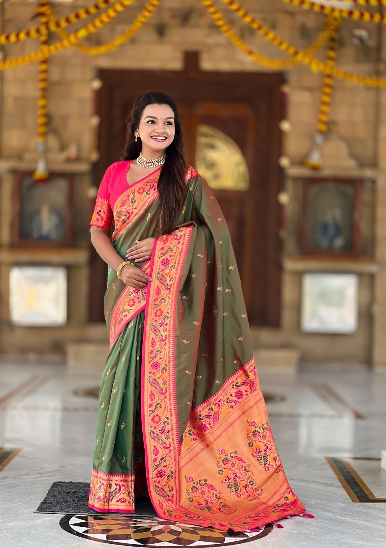 Green Zari Work Banarasi Saree Set - Indya