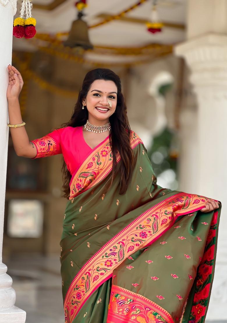 Green Zari Work Banarasi Saree Set - Indya