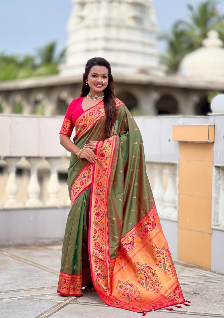 Green Zari Work Banarasi Saree Set - Indya