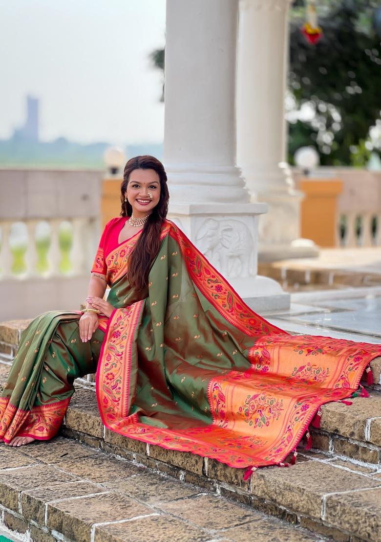 Green Zari Work Banarasi Saree Set - Indya