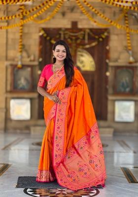 Orange Zari Work Banarasi Saree Set