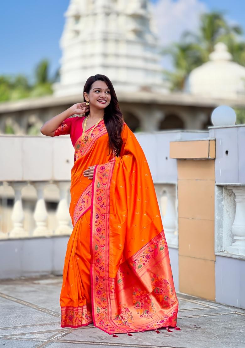 Orange Zari Work Banarasi Saree Set - Indya