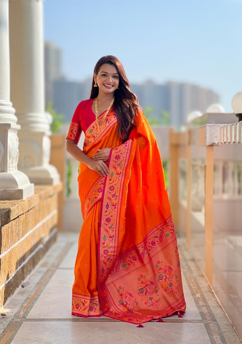 Orange Zari Work Banarasi Saree Set - Indya