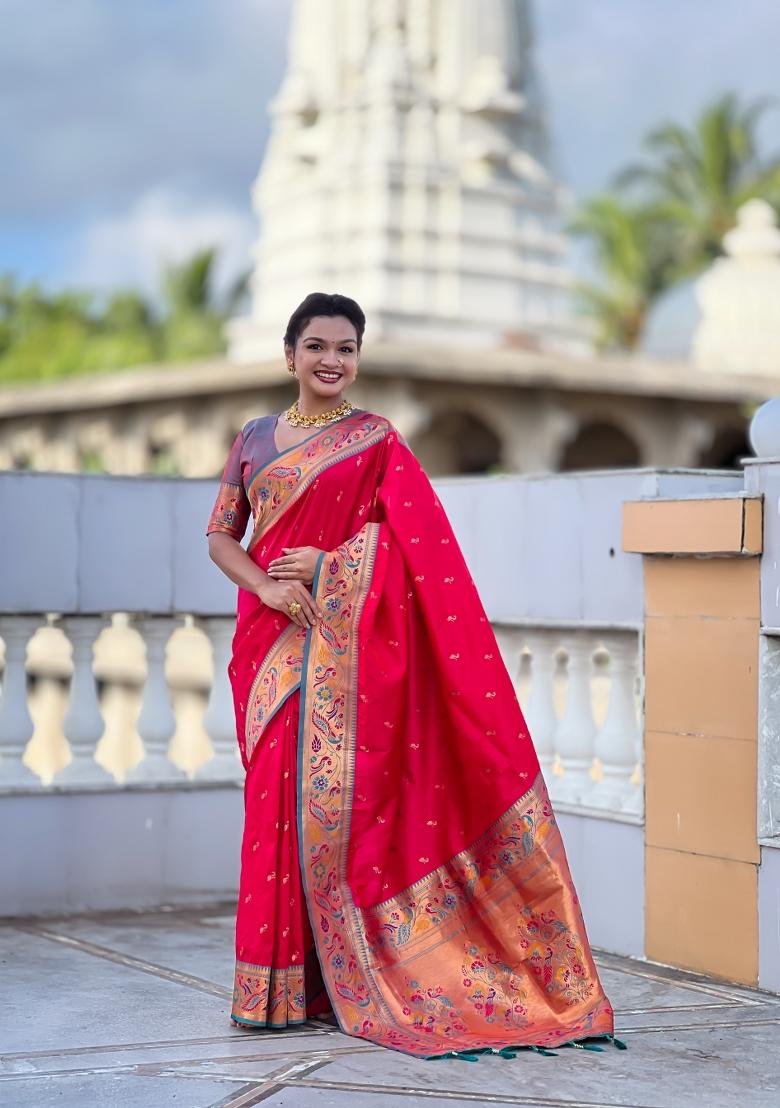 Pink Zari Work Banarasi Saree Set - Indya
