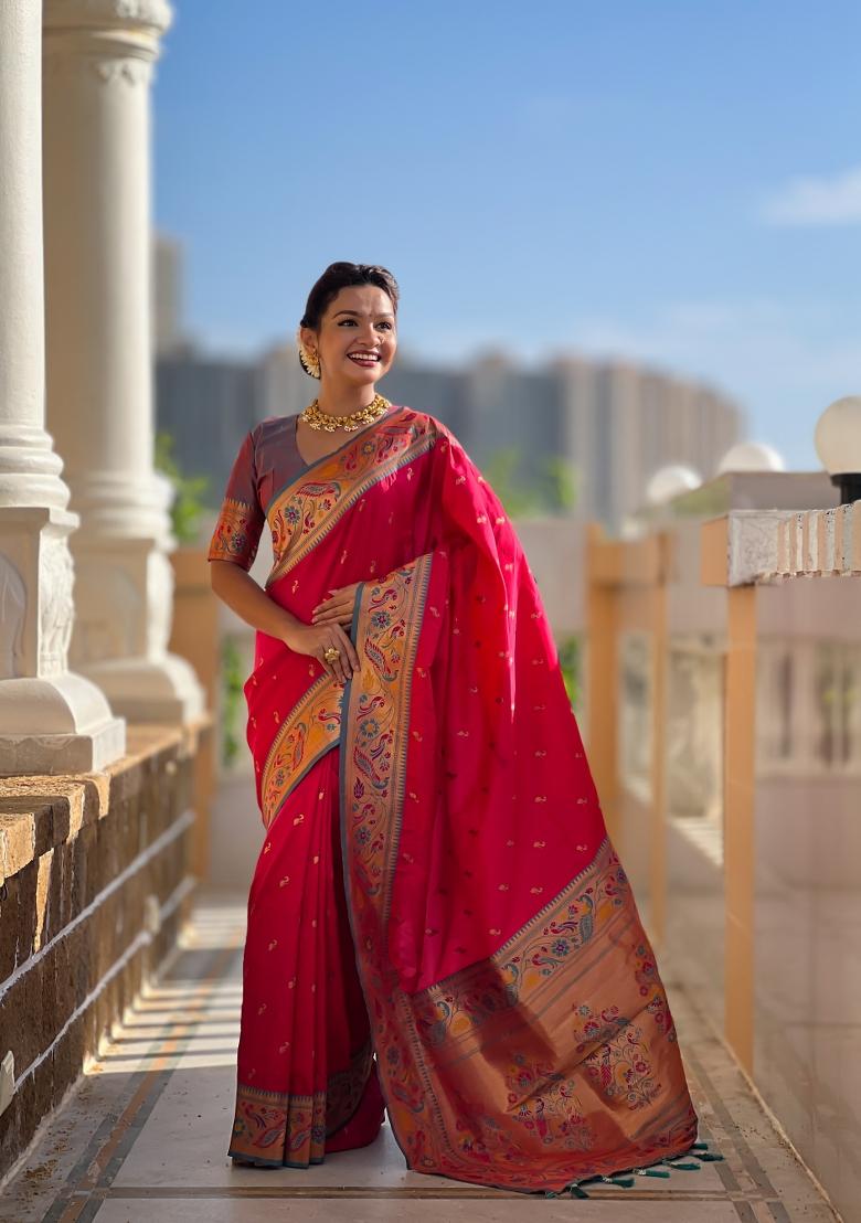 Pink Zari Work Banarasi Saree Set - Indya