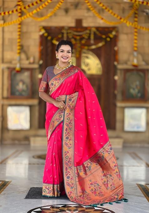 Pink Zari Work Banarasi Saree Set
