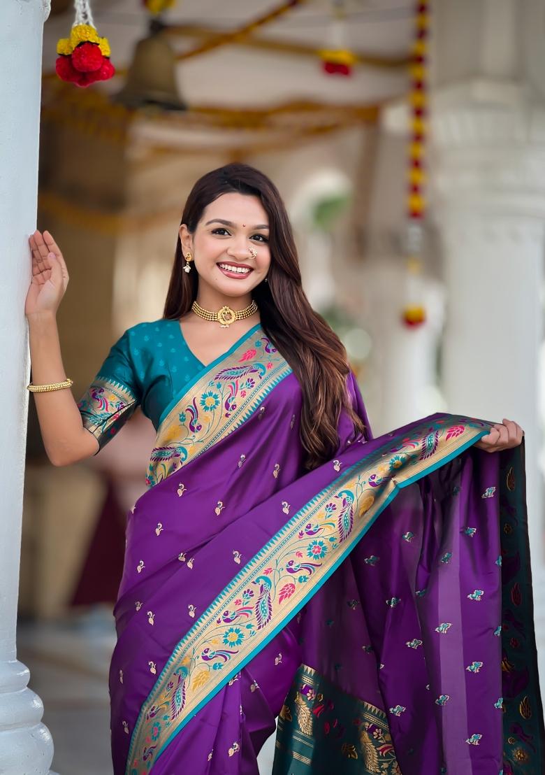 Purple Zari Work Banarasi Saree Set - Indya