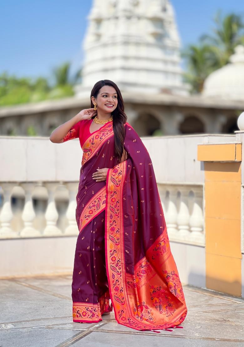 Wine Zari Work Banarasi Saree Set - Indya