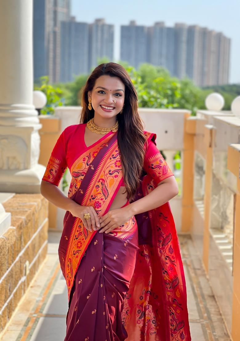 Wine Zari Work Banarasi Saree Set - Indya