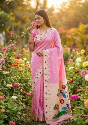Baby Pink Zari Work Banarasi Saree Set