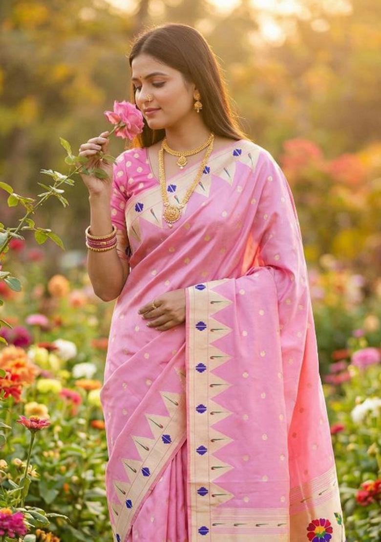 Baby Pink Zari Work Banarasi Saree Set - Indya