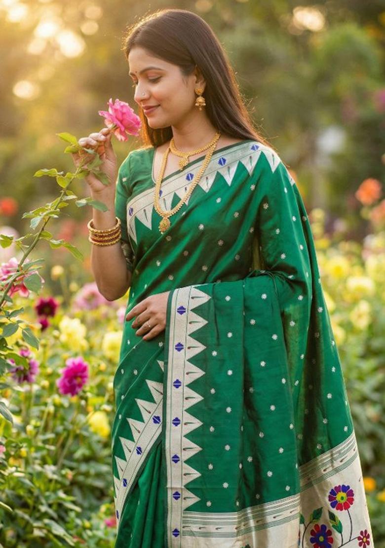 Green Zari Work Banarasi Saree Set - Indya