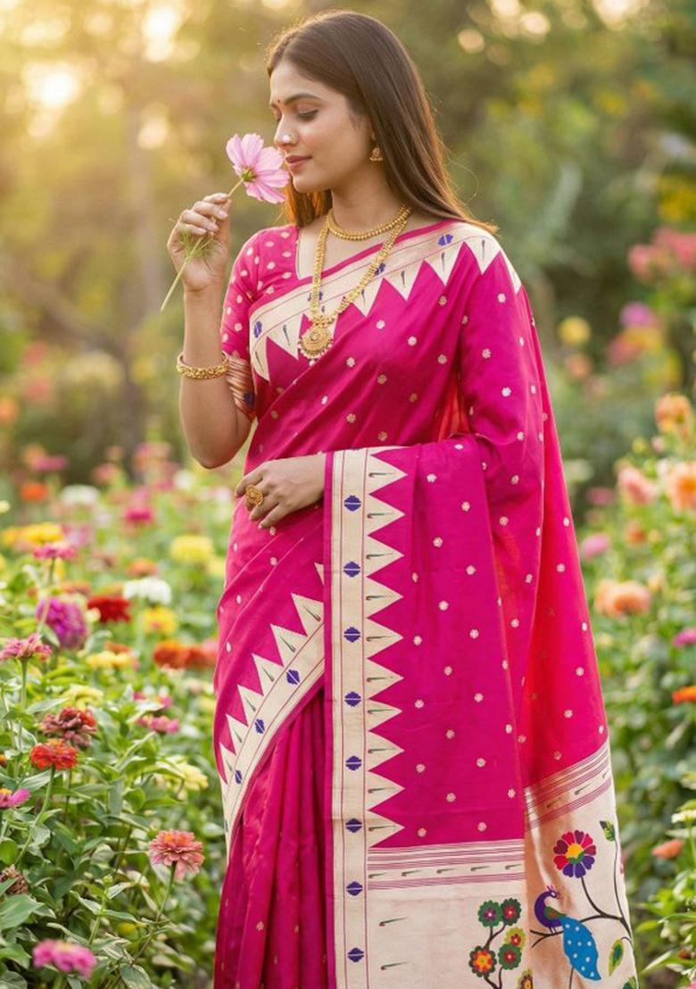 Pink Zari Work Banarasi Saree Set - Indya