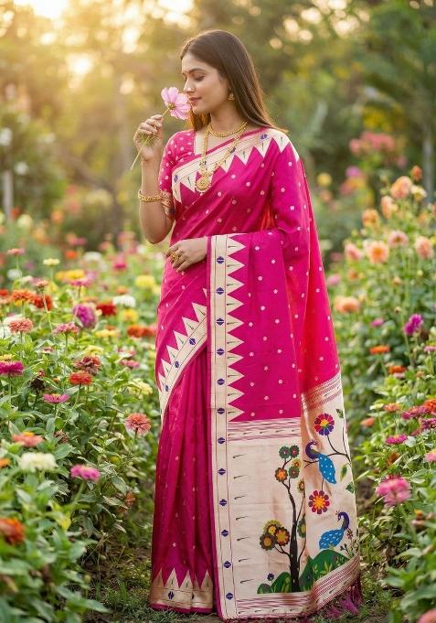Pink Zari Work Banarasi Saree Set