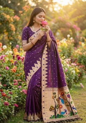 Wine Zari Work Banarasi Saree Set