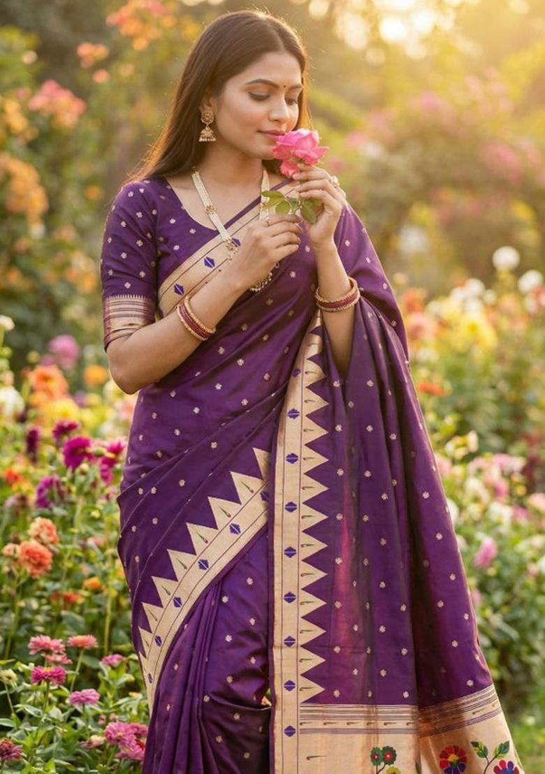 Wine Zari Work Banarasi Saree Set - Indya