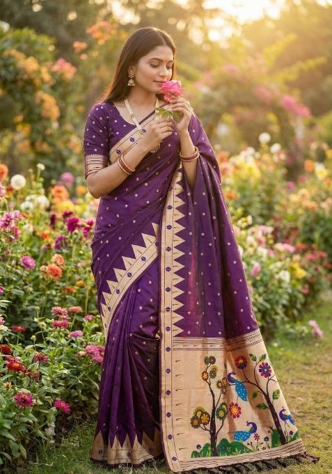 Wine Zari Work Banarasi Saree Set