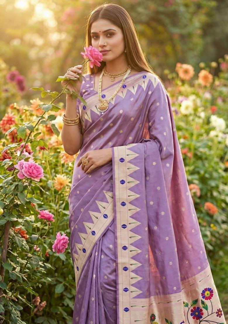 Lavender Zari Work Banarasi Saree Set - Indya