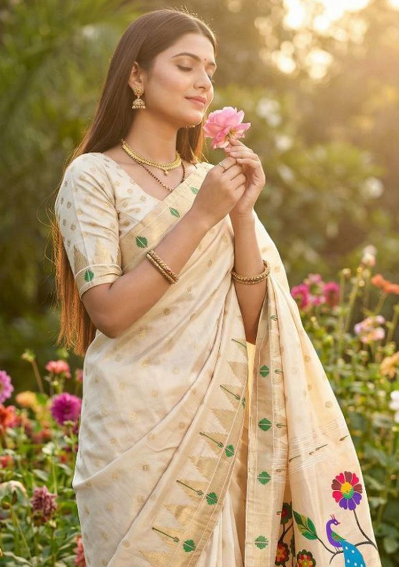 White Zari Work Banarasi Saree Set - Indya