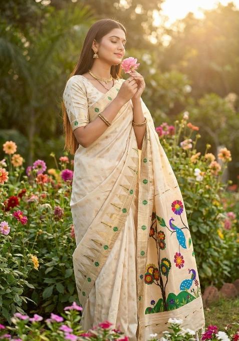 White Zari Work Banarasi Saree Set