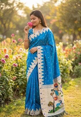 Teal Zari Work Banarasi Saree Set