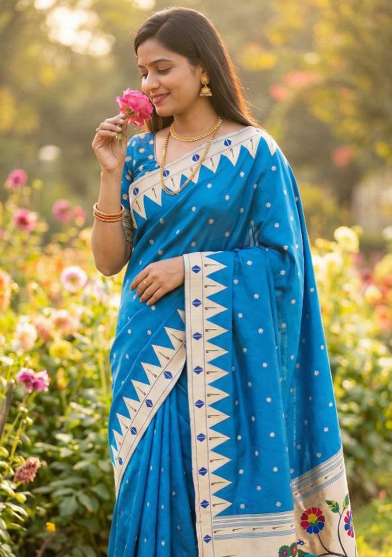 Teal Zari Work Banarasi Saree Set - Indya