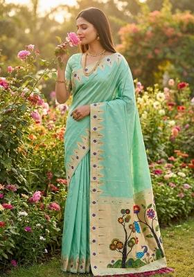 Sea Green Zari Work Banarasi Saree Set