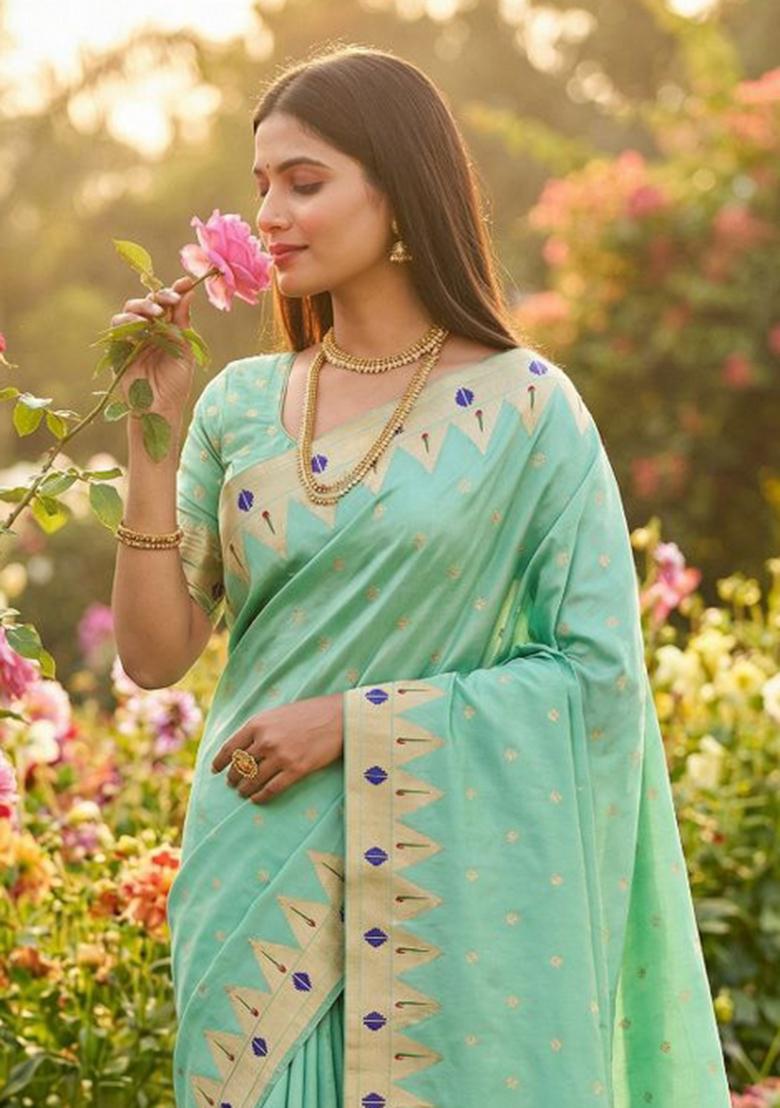 Sea Green Zari Work Banarasi Saree Set - Indya