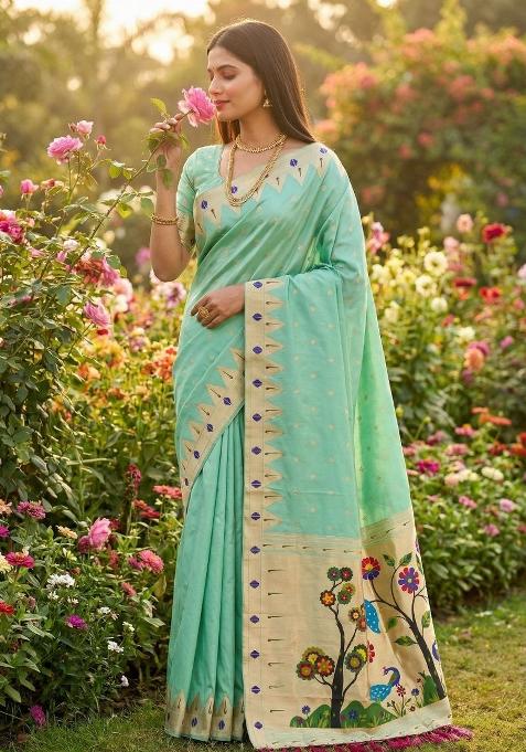Sea Green Zari Work Banarasi Saree Set — view on Indya