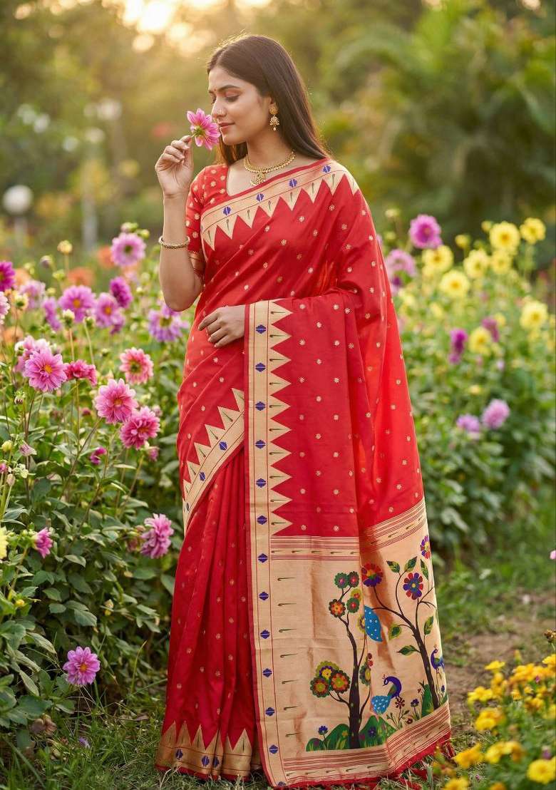 Red Banarasi Saree Set with Zari Work for Diwali | Wedding & Festive Wear - Indya