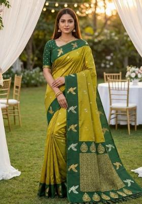 Lemon Yellow Zari Work Banarasi Saree Set